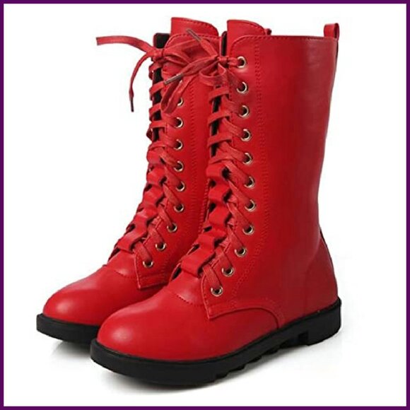 Girls Leather Combat Boots Mid Calf Zipper Lace-Up Winter Riding - Picture 5 of 8